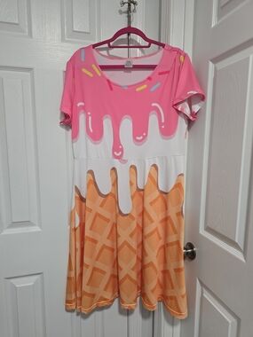 Pink Ice Cream Waffle Print A-Line Dress